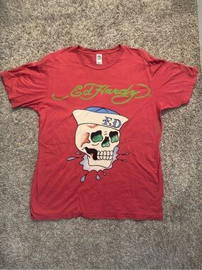 Christian Audigier Red Tee with Sailor Skull and Green Script